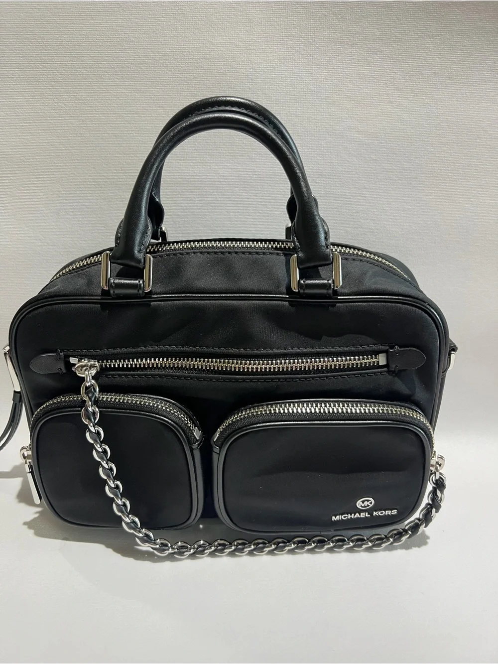 Michael Kors Black Nylon Dual-Pocket Crossbody Satchel with Chain Strap